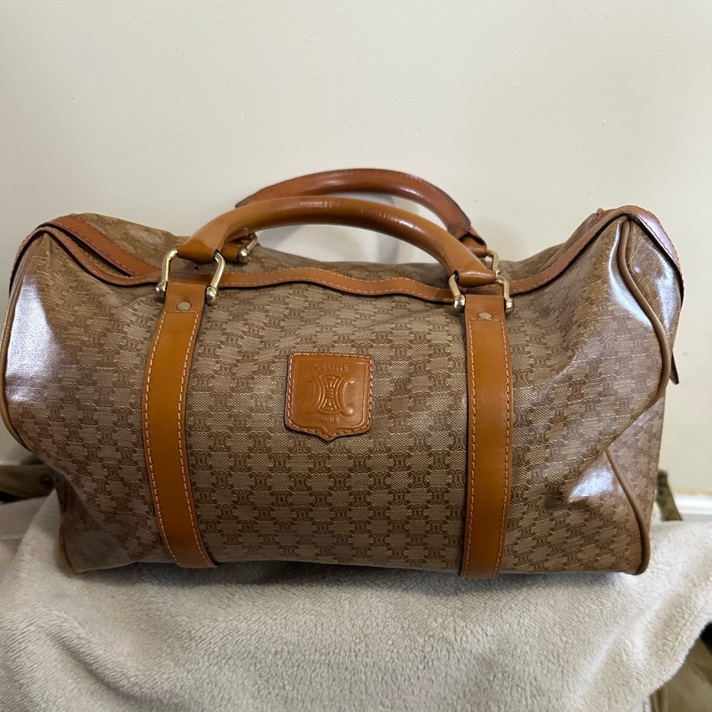 CELINE Vintage Macadam Blason Pattern Hand Boston Bag PVC Leather Beige …